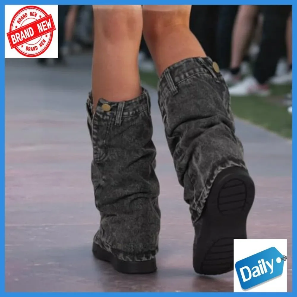 Denim Mid Calf Boots Fold Over Slouchy Platform Wedge Booties Detachable